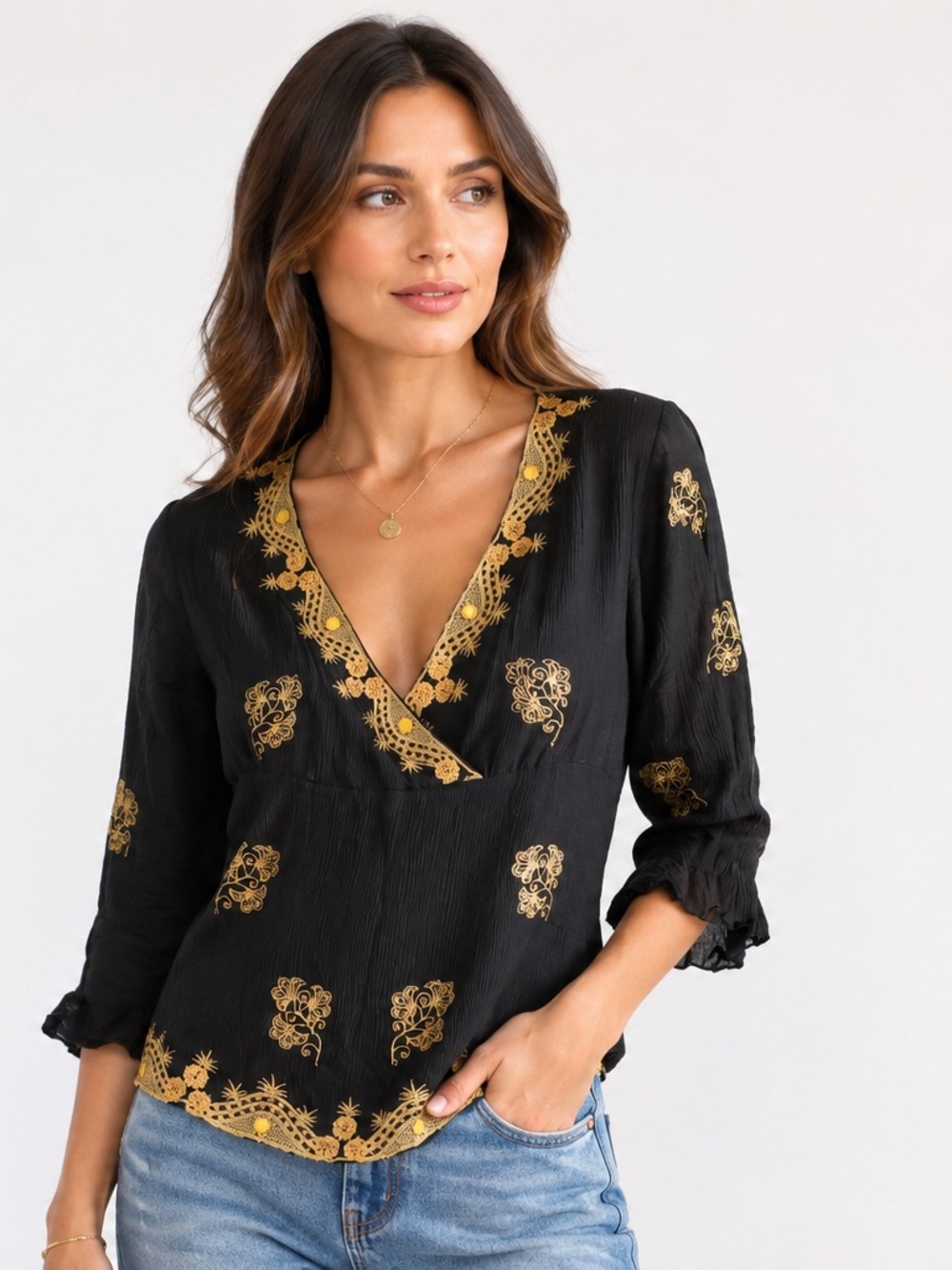 Vintage SilkLand Black Blouse with Gold Embroidery 100% Silk Y2K Size M
